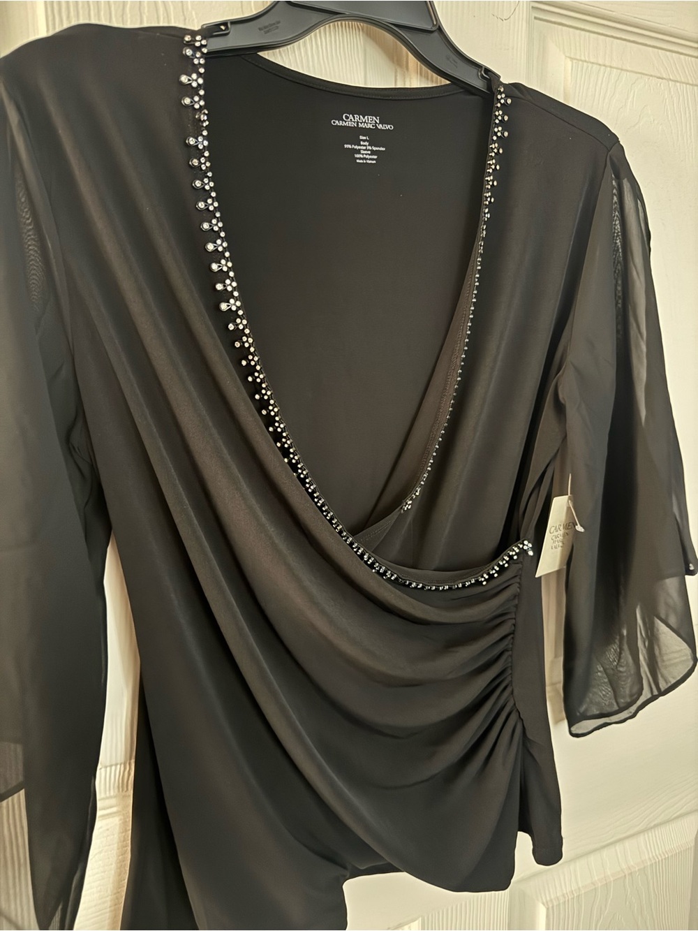 Carmen Marc Valvo Black Draped V-Neck Top with Crystal Trim